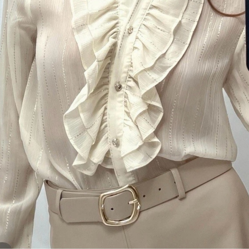 Zara Elegant Cream Ruffled Blouse with Silver Metallic Threading Size XL